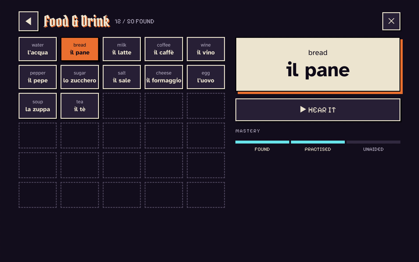 Spellbook category Food & Drink: a grid of found words, with “il pane” selected